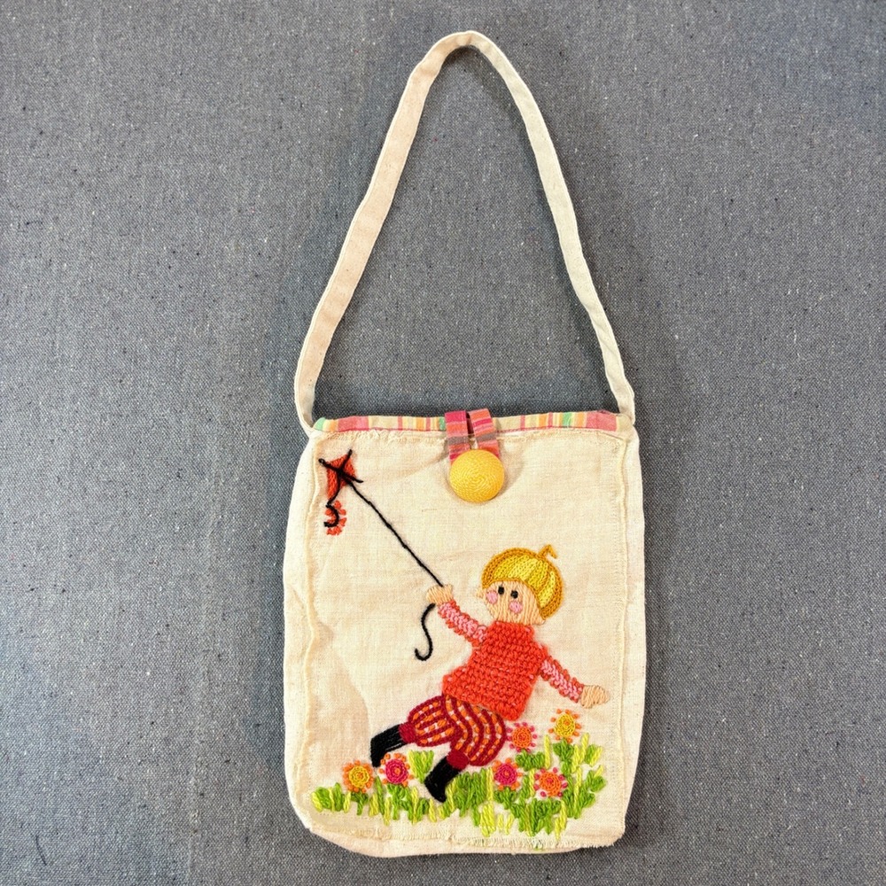Vintage 70s Crewel Work Handcrafted Purse • Retro Kitsch Flying Kite Canvas Bag